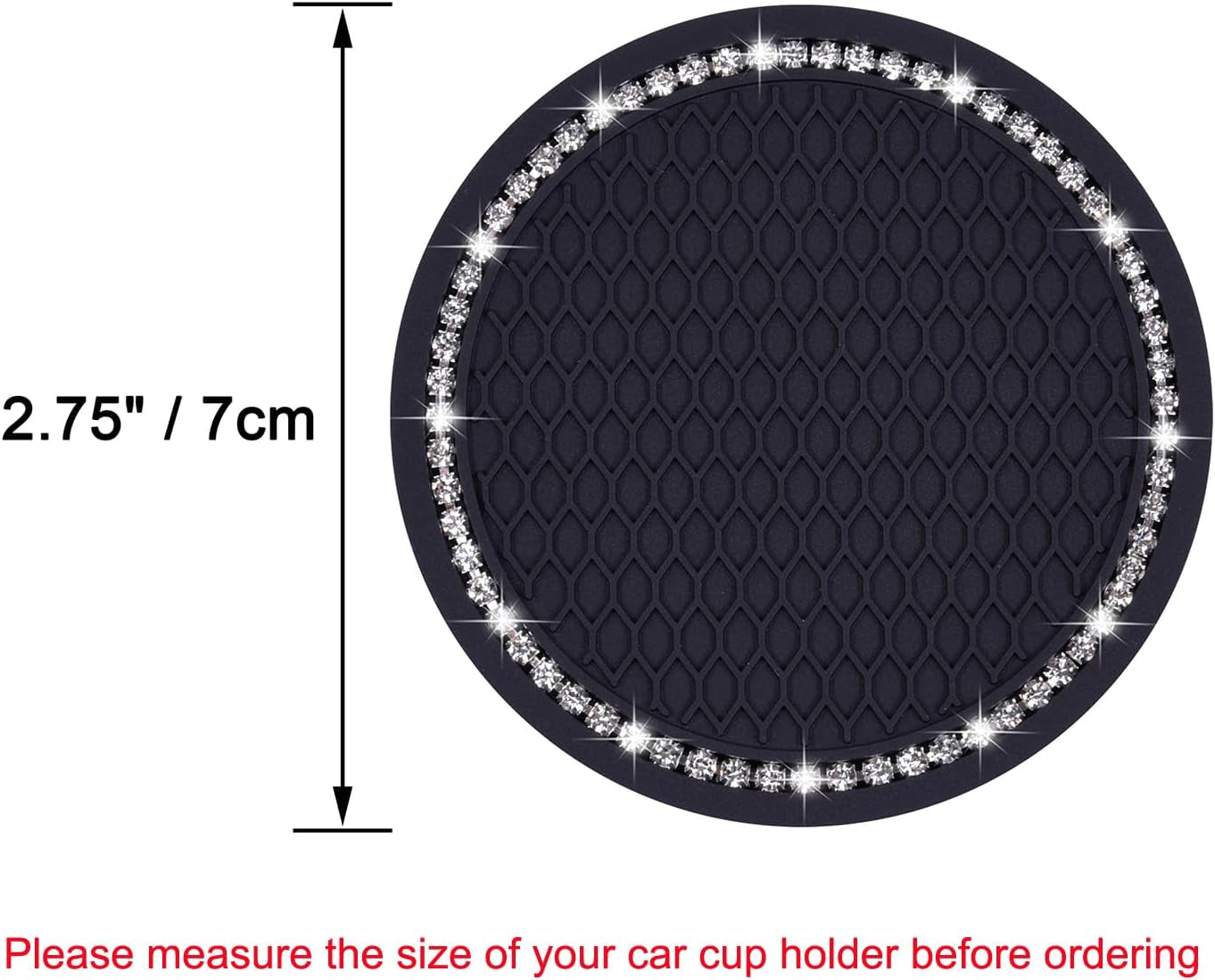 Bling Car Coasters,  2 Pack PVC Car Cup Holder Insert Coaster - anti Slip Universal Vehicle Interior Accessories Crystal Glitter Cup Mats for Women and Men(2.75" Diameter, Black)