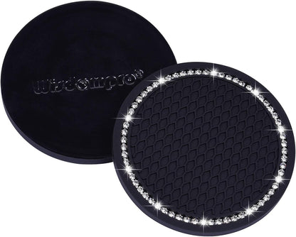 Bling Car Coasters,  2 Pack PVC Car Cup Holder Insert Coaster - anti Slip Universal Vehicle Interior Accessories Crystal Glitter Cup Mats for Women and Men(2.75" Diameter, Black)